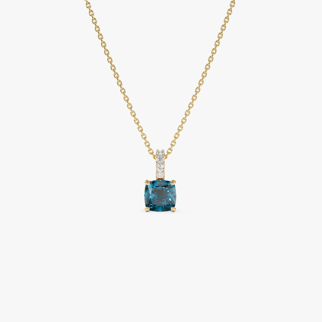 14k Solid Gold London Blue Topaz and Diamond Cushion Cut Pendant Necklace 1.07 Carat