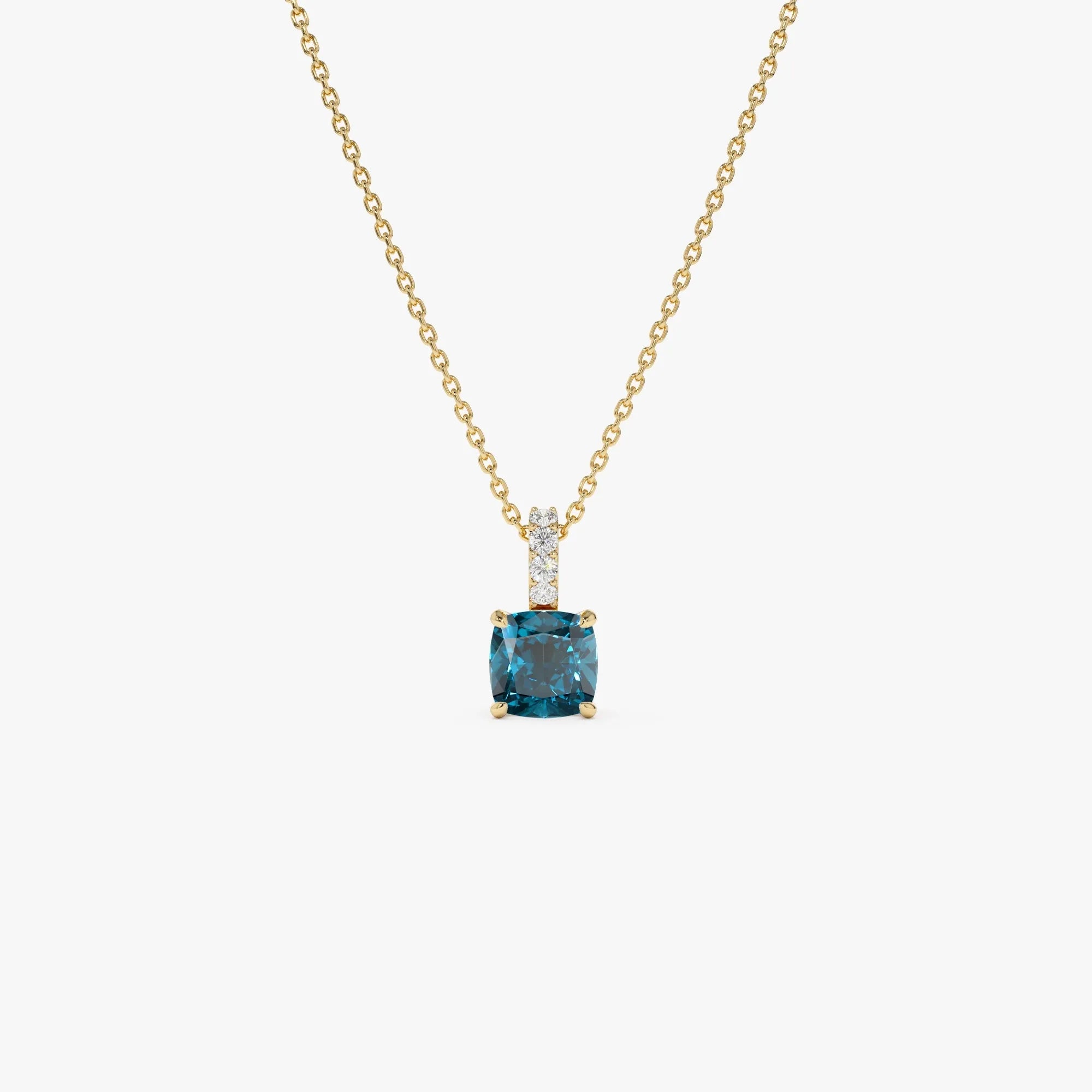 14k Solid Gold London Blue Topaz and Diamond Cushion Cut Pendant Necklace 1.07 Carat