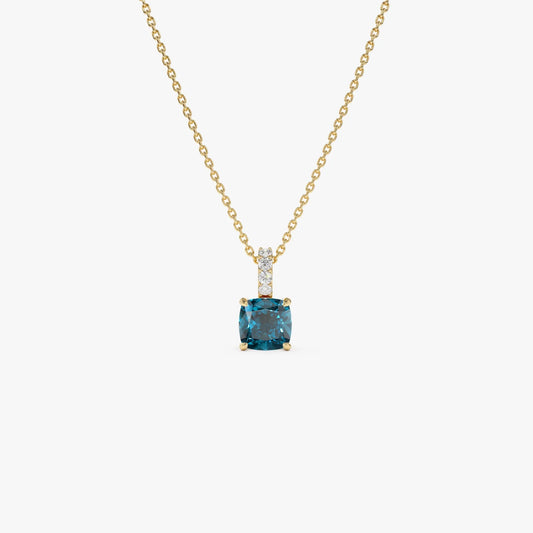 14k Solid Gold London Blue Topaz and Diamond Cushion Cut Pendant Necklace 1.07 Carat