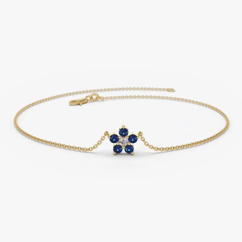 14K Solid Gold Round Sapphire and Diamond Flower Charm Bracelet