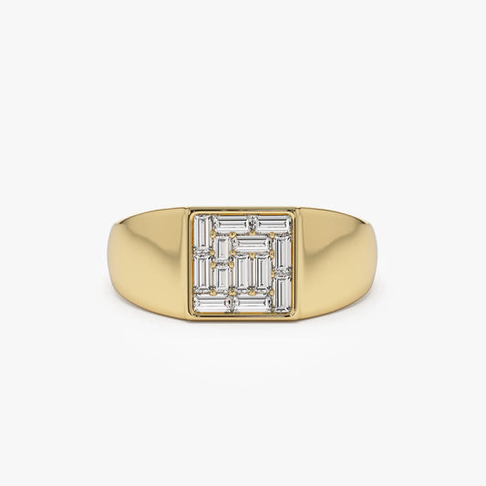 14k Solid Gold Baguette Diamond 0.50 Carat Square Illusion Setting Signet Pinky Ring