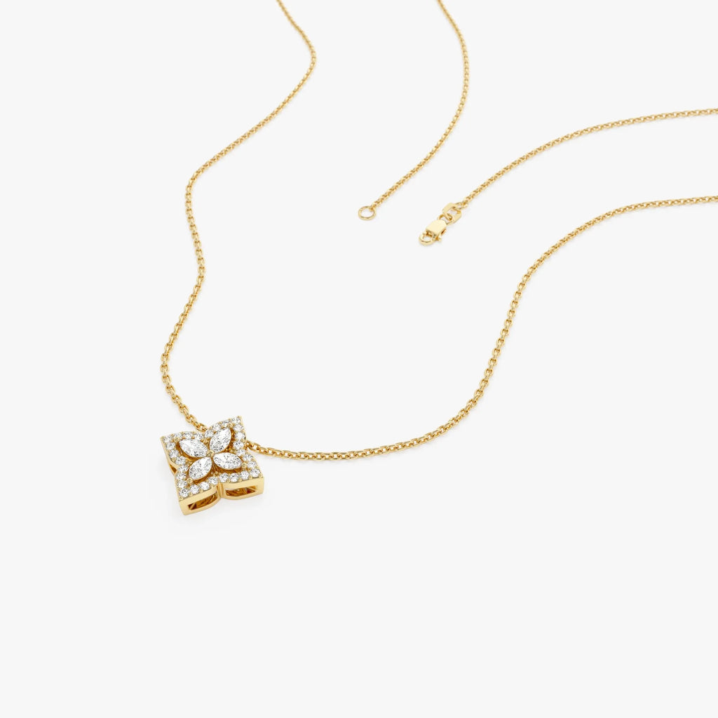 14K Solid Gold Baguette and Round Diamond Sunburst Pendant Necklace 0.40ctw