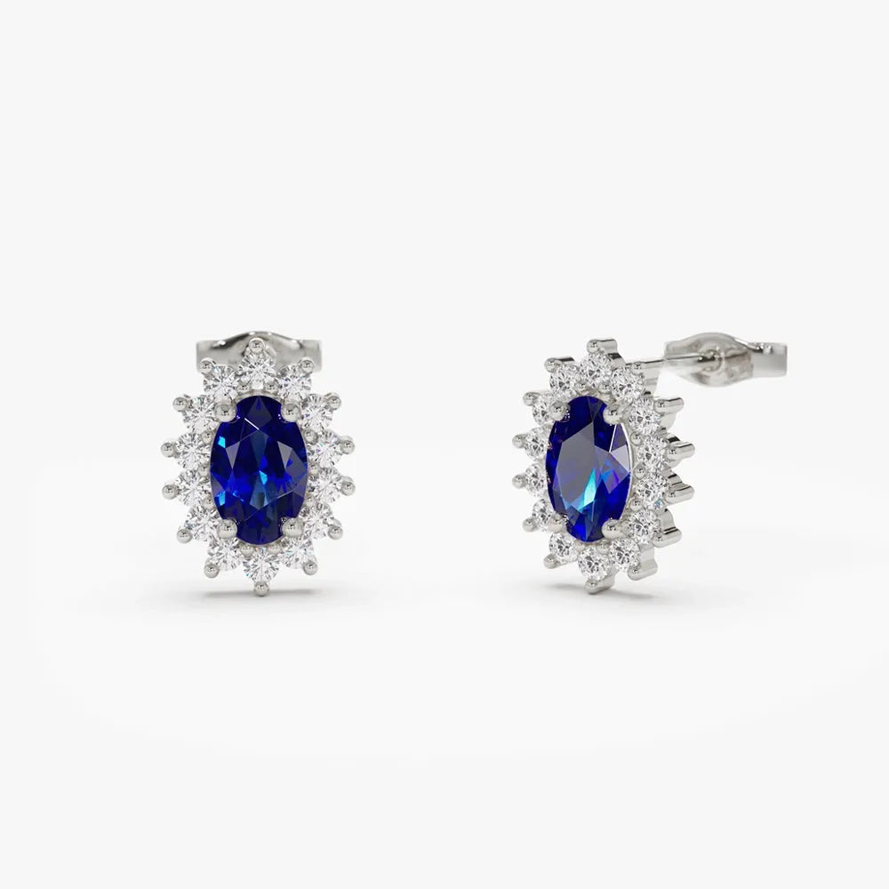 14k Solid Gold Oval Blue Sapphire and Round Diamond Earrings 0.82 ctw