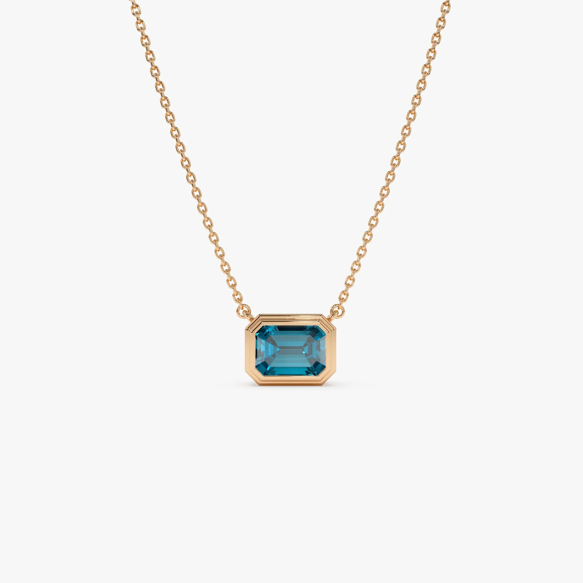 14k Solid Gold London Blue Topaz Emerald Cut Necklace 1.25 Carat Bezel Setting