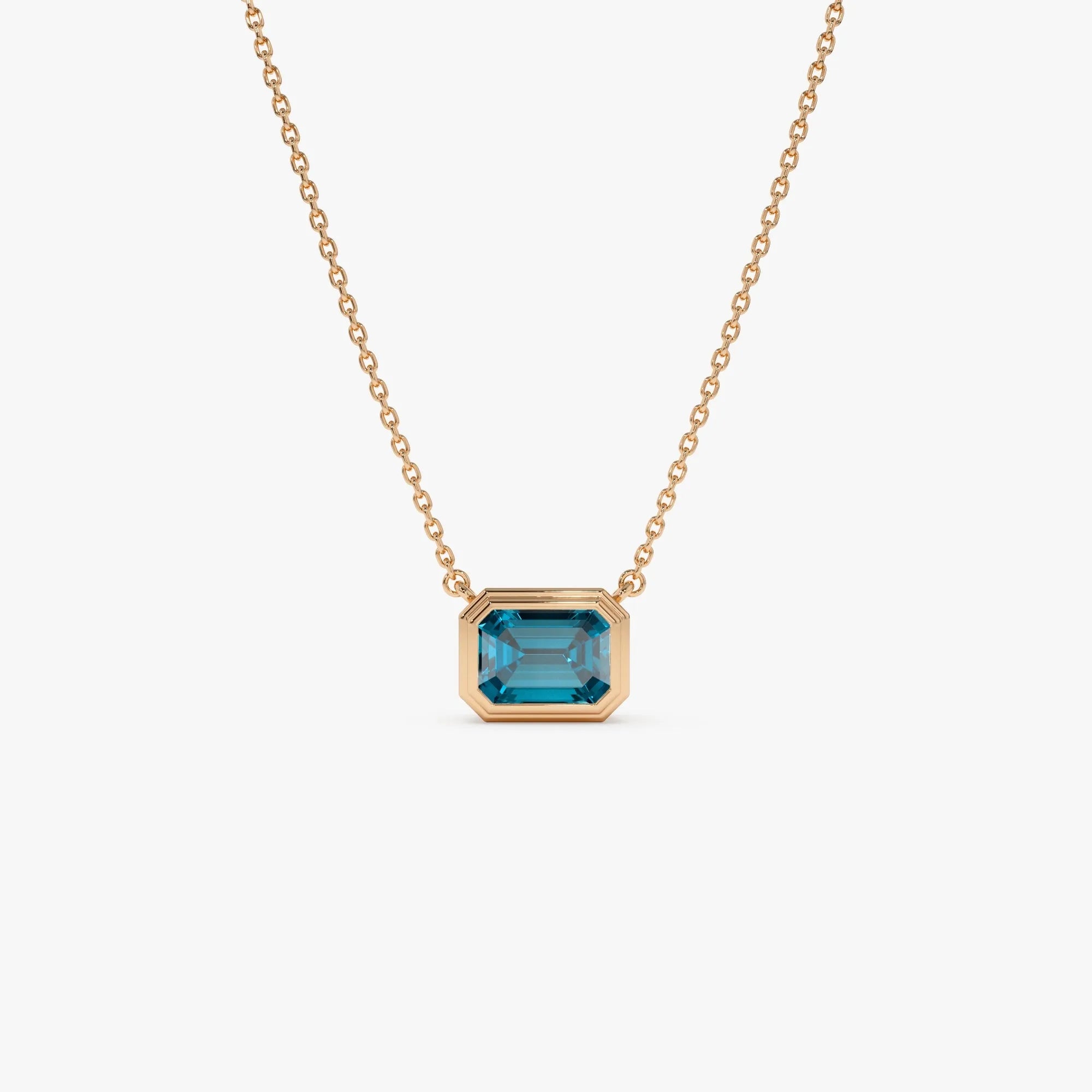 14k Solid Gold London Blue Topaz Emerald Cut Necklace 1.25 Carat Bezel Setting