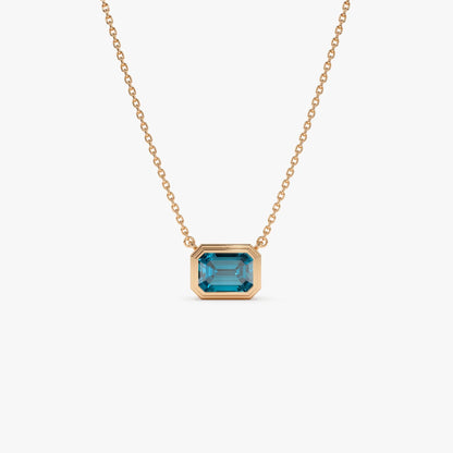 14k Solid Gold London Blue Topaz Emerald Cut Necklace 1.25 Carat Bezel Setting