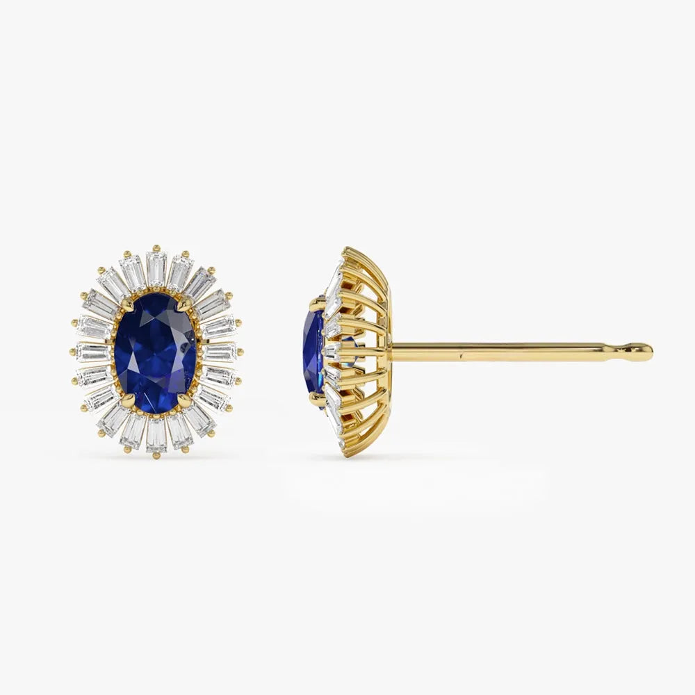 14k Solid Gold Oval Blue Sapphire and Baguette Diamond Ballerina Stud Earrings 1.75 ctw