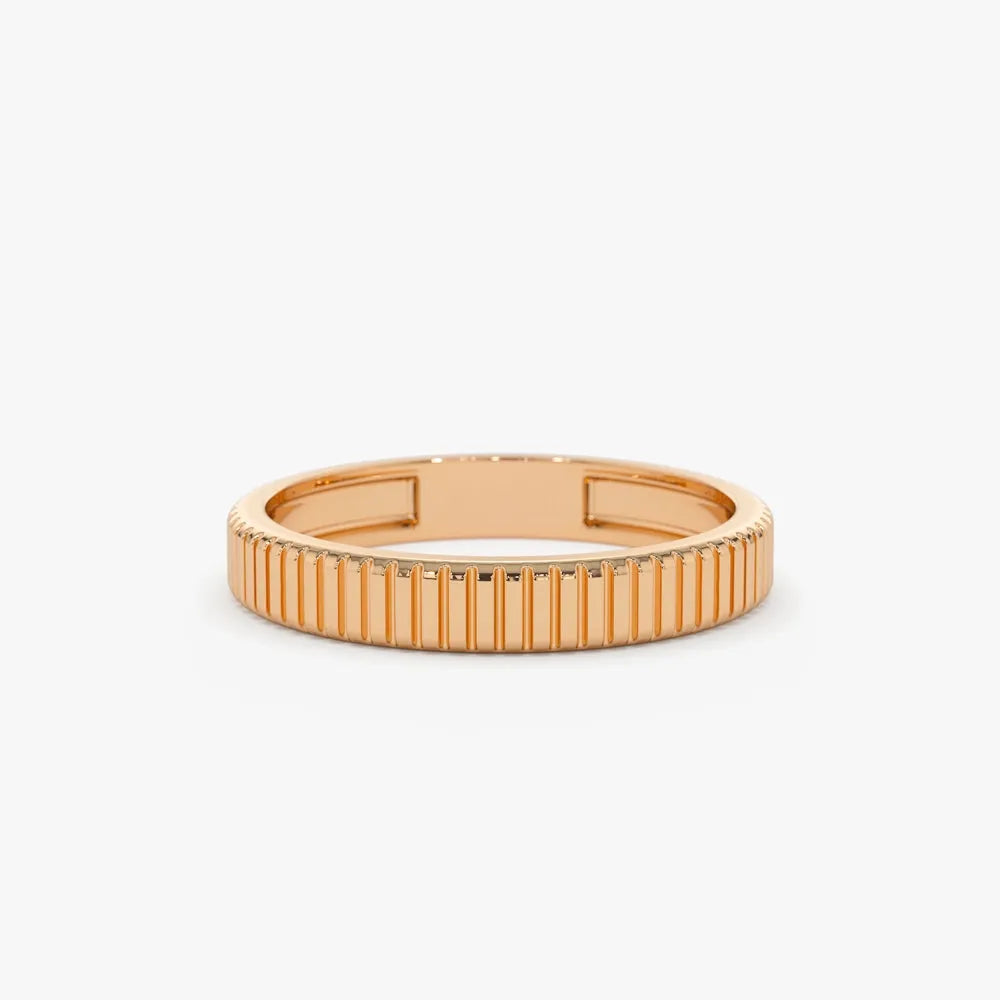 14K Solid Gold 3mm Ribbed Minimalist Wedding Band Ring