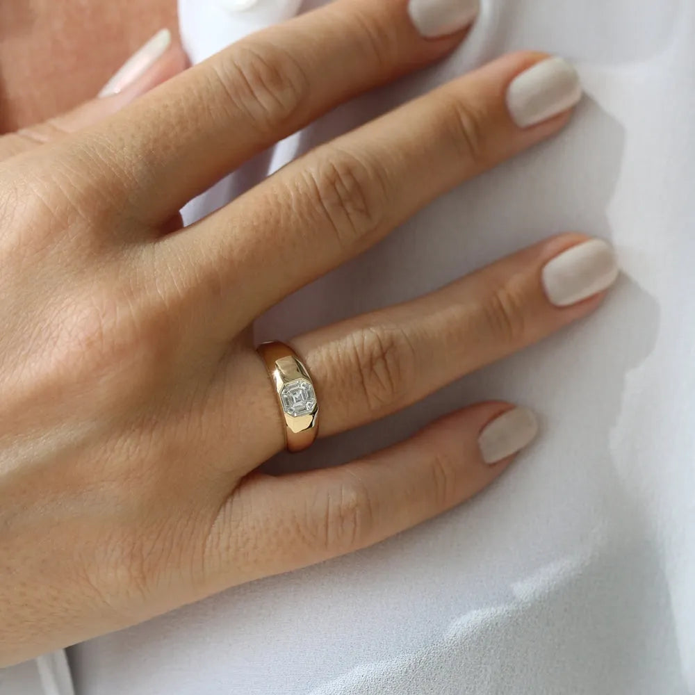 14k Solid Gold 0.40 Carat Diamond Asscher Cut Illusion Mosaic Solitaire Pinky Ring Invisible Bezel Setting