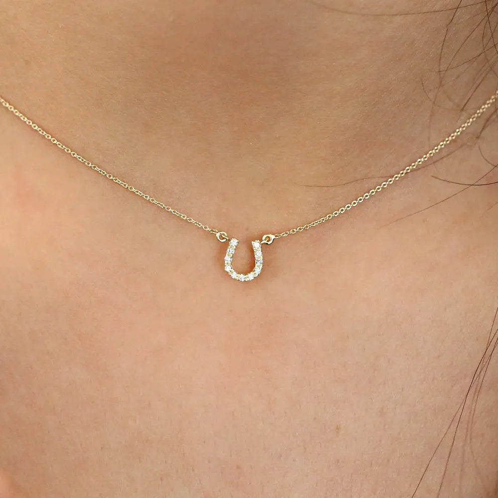 14K Solid Gold Round Diamond Micro Pave Mini Horseshoe Necklace 0.06cttw