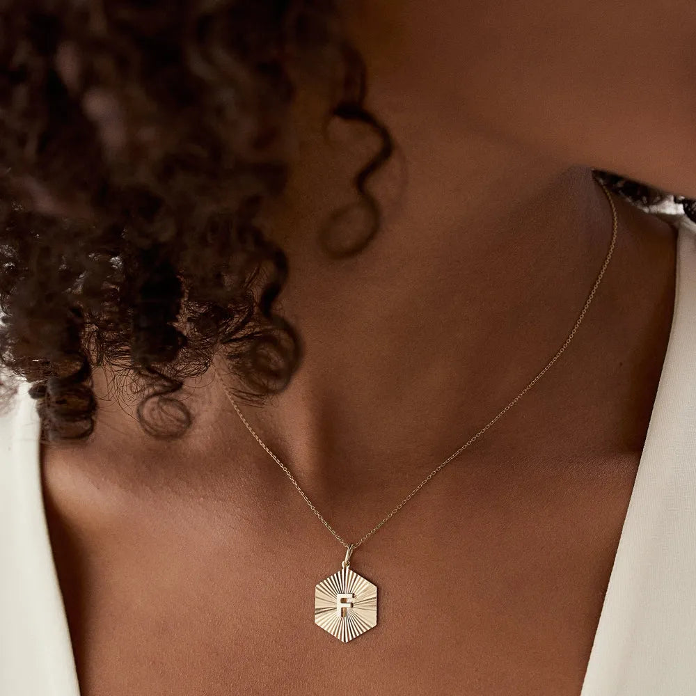 14k Solid Gold Sparkle Hexagon Disc Initial Pendant Necklace