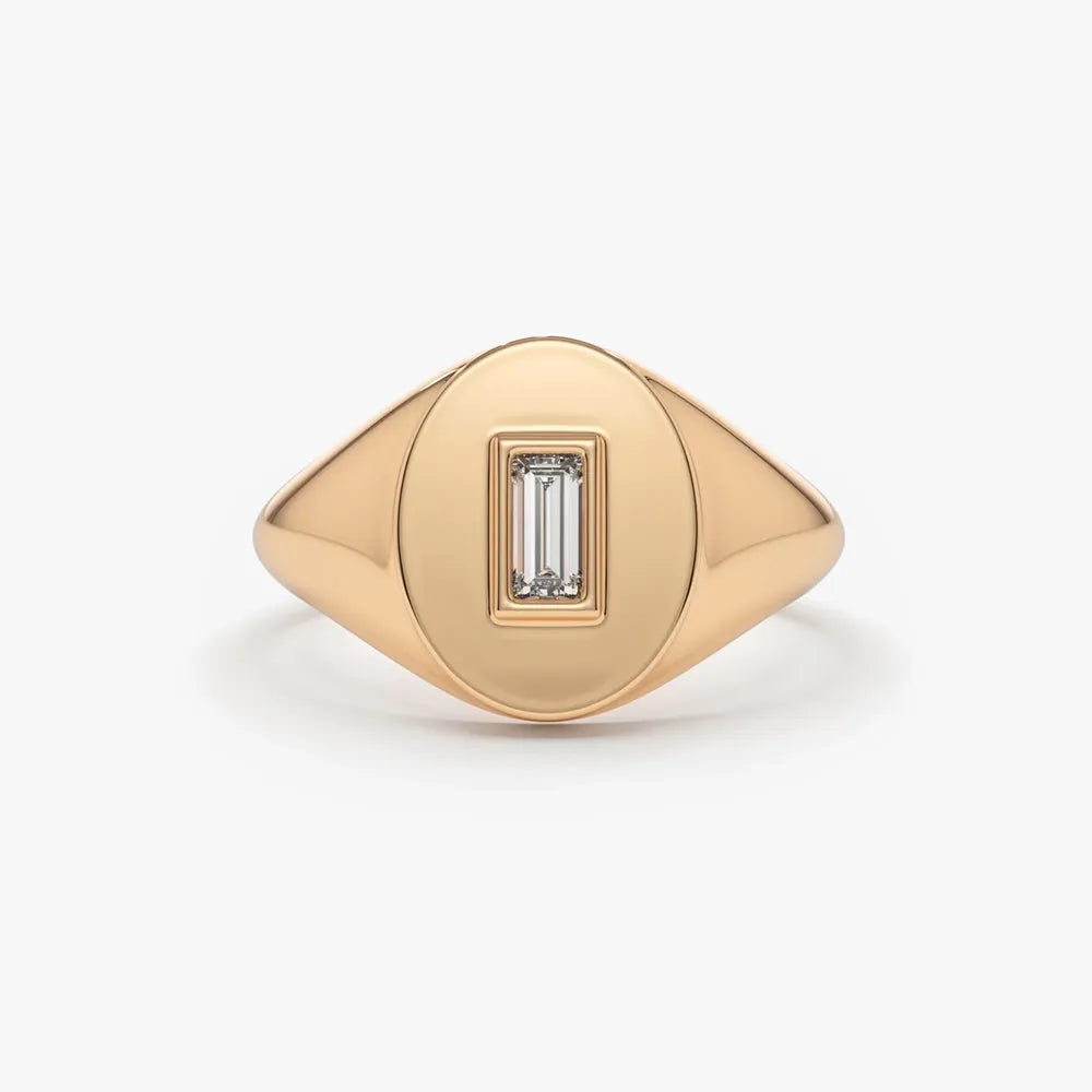 14K Gold Baguette Diamond Bezel Set Oval Signet Ring 0.13ctw