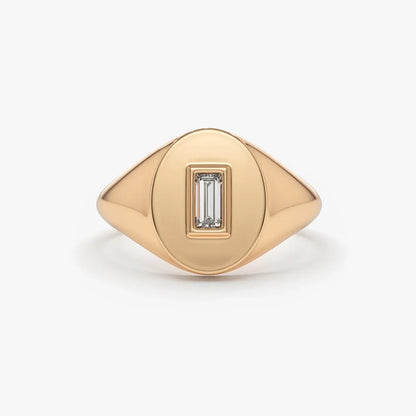 14K Gold Baguette Diamond Bezel Set Oval Signet Ring 0.13ctw