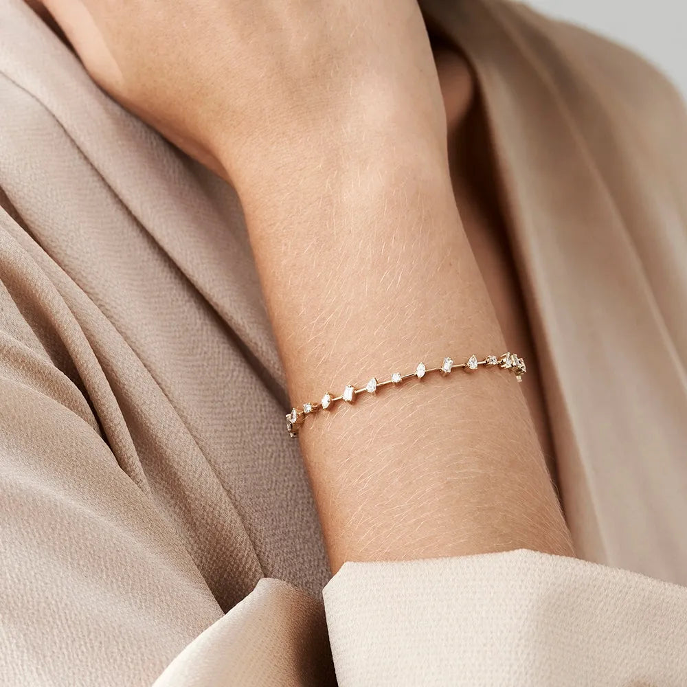 14K Solid Gold 1.98 CTW Round Baguette Marquise and Pear Diamond Multi-Shape Slant Bracelet