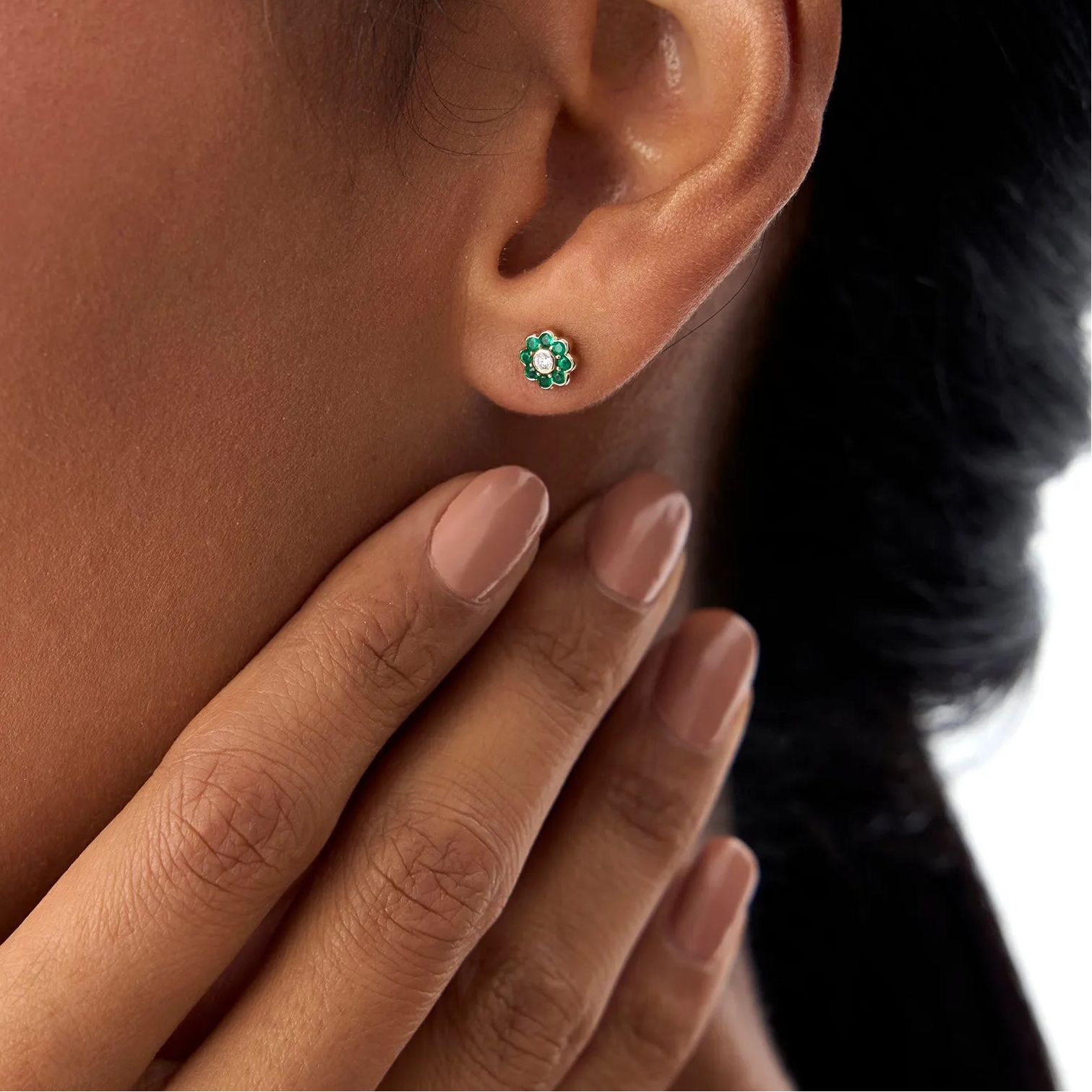 14k Solid Gold Round Emerald and Diamond Flower Bezel Set Stud Earrings 0.49 ctw