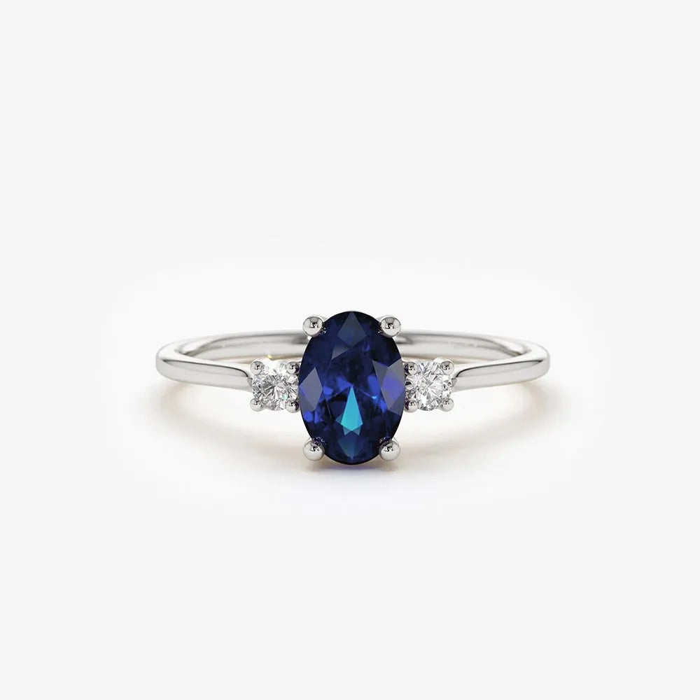 14k Gold Sapphire and Diamond Oval Cut Three Stone Ring 0.62 ctw