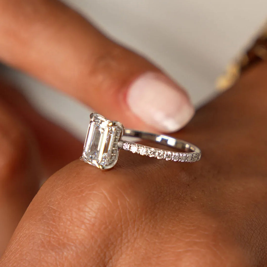 14k Gold 2.45 Ctw Emerald Cut Lab Grown Diamond Pavé Hidden Halo Engagement Ring Aurelia