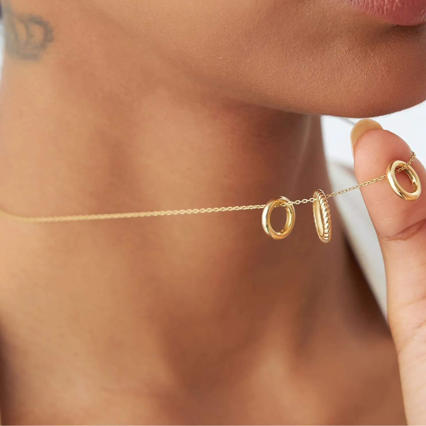 14k Solid Gold Three Ring Eternity Circle Necklace with Twisted and Plain Linked Detail