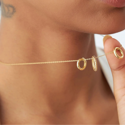 14k Solid Gold Three Ring Eternity Circle Necklace with Twisted and Plain Linked Detail