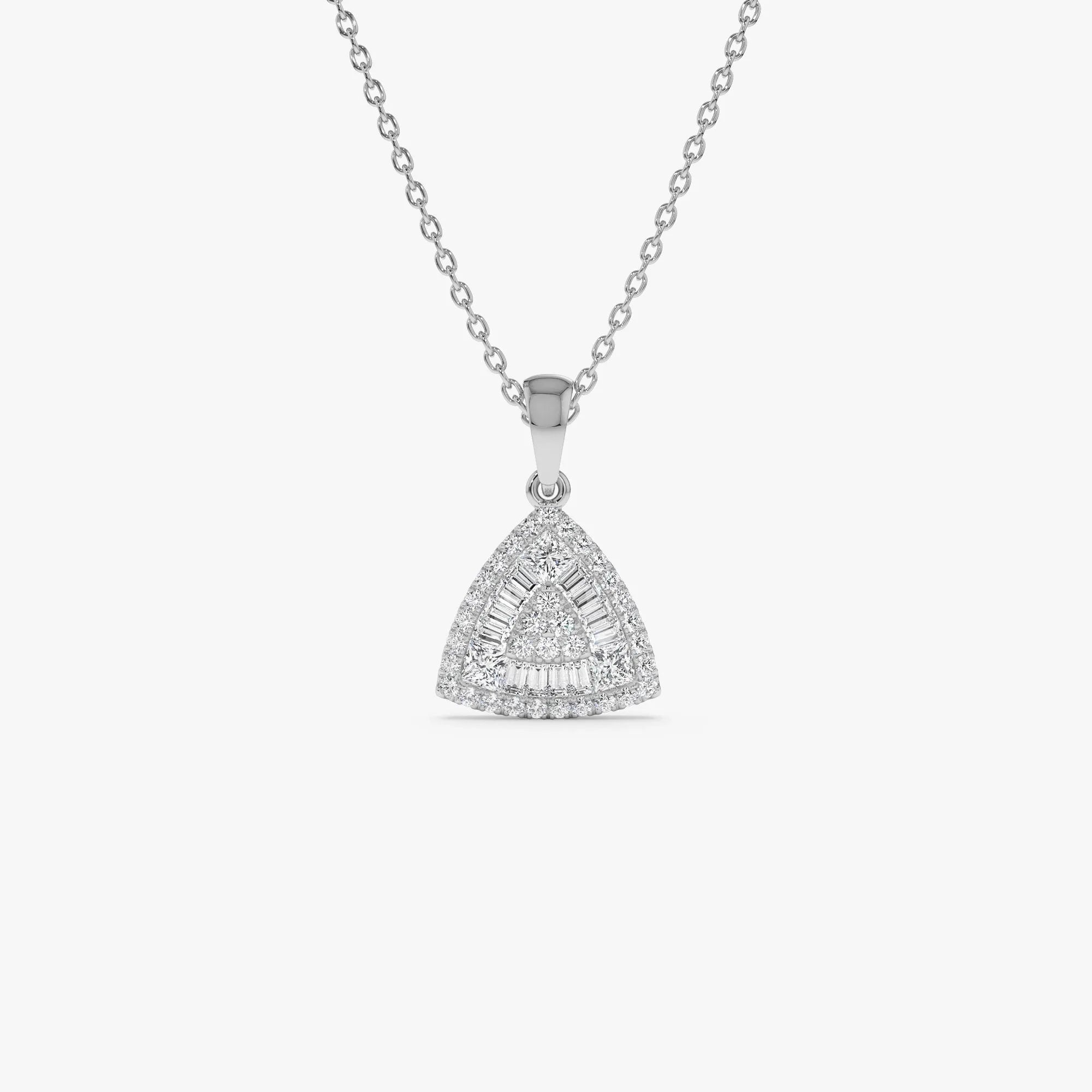 14K Solid Gold 0.42 CTW Round Baguette and Princess Cut Diamond Triangle Cluster Necklace
