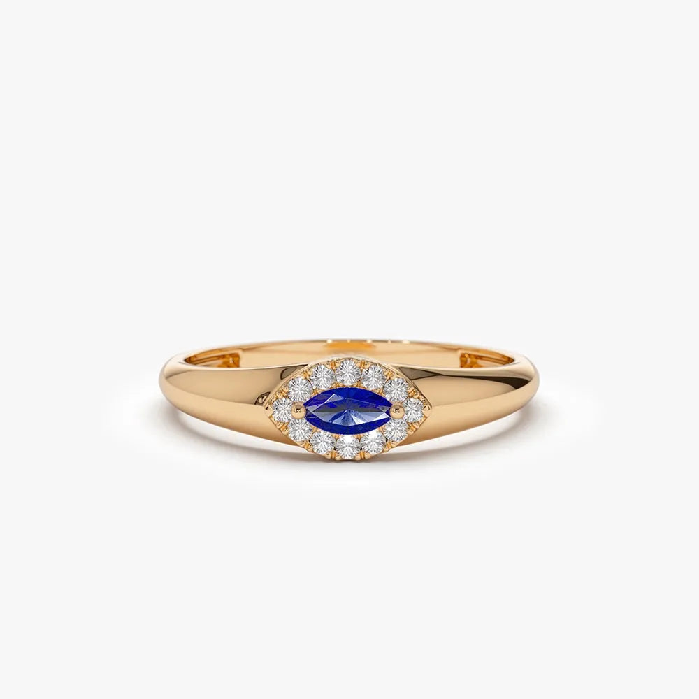 14k Gold Sapphire and Diamond Marquise and Round Cut Halo Ring 0.19 ctw