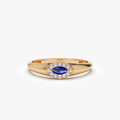 14k Gold Sapphire and Diamond Marquise and Round Cut Halo Ring 0.19 ctw