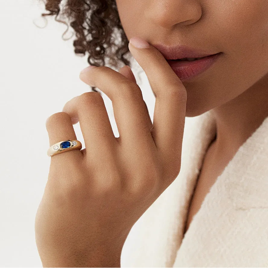 14k Gold Blue Sapphire and Diamond Oval Round Cut Dome Ring 0.80 ctw