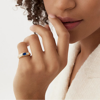 14k Gold Blue Sapphire and Diamond Oval Round Cut Dome Ring 0.80 ctw