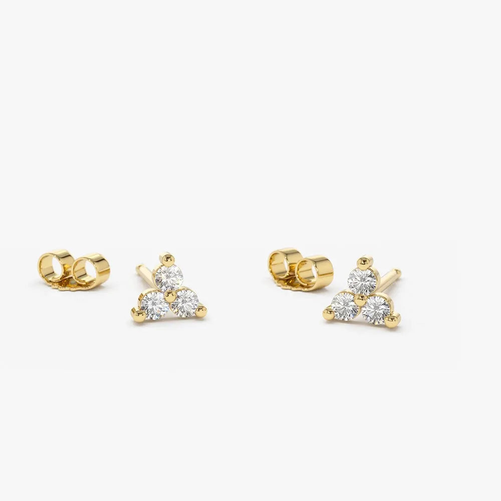 14k Gold Diamond Round Cut Trio Tiny Stud Earrings Prong Setting 0.14 ctw