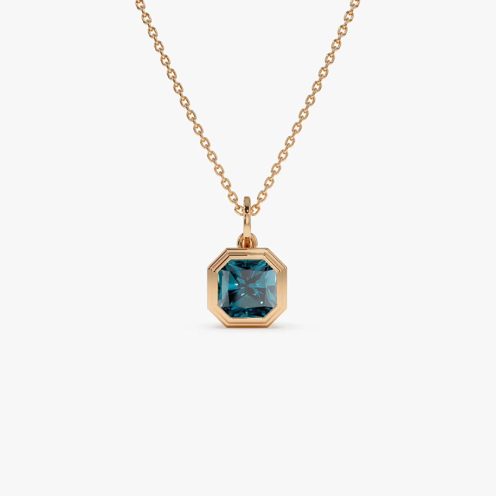 14k Solid Gold London Blue Topaz Asscher Cut Necklace 1.20 Carat Bezel Setting