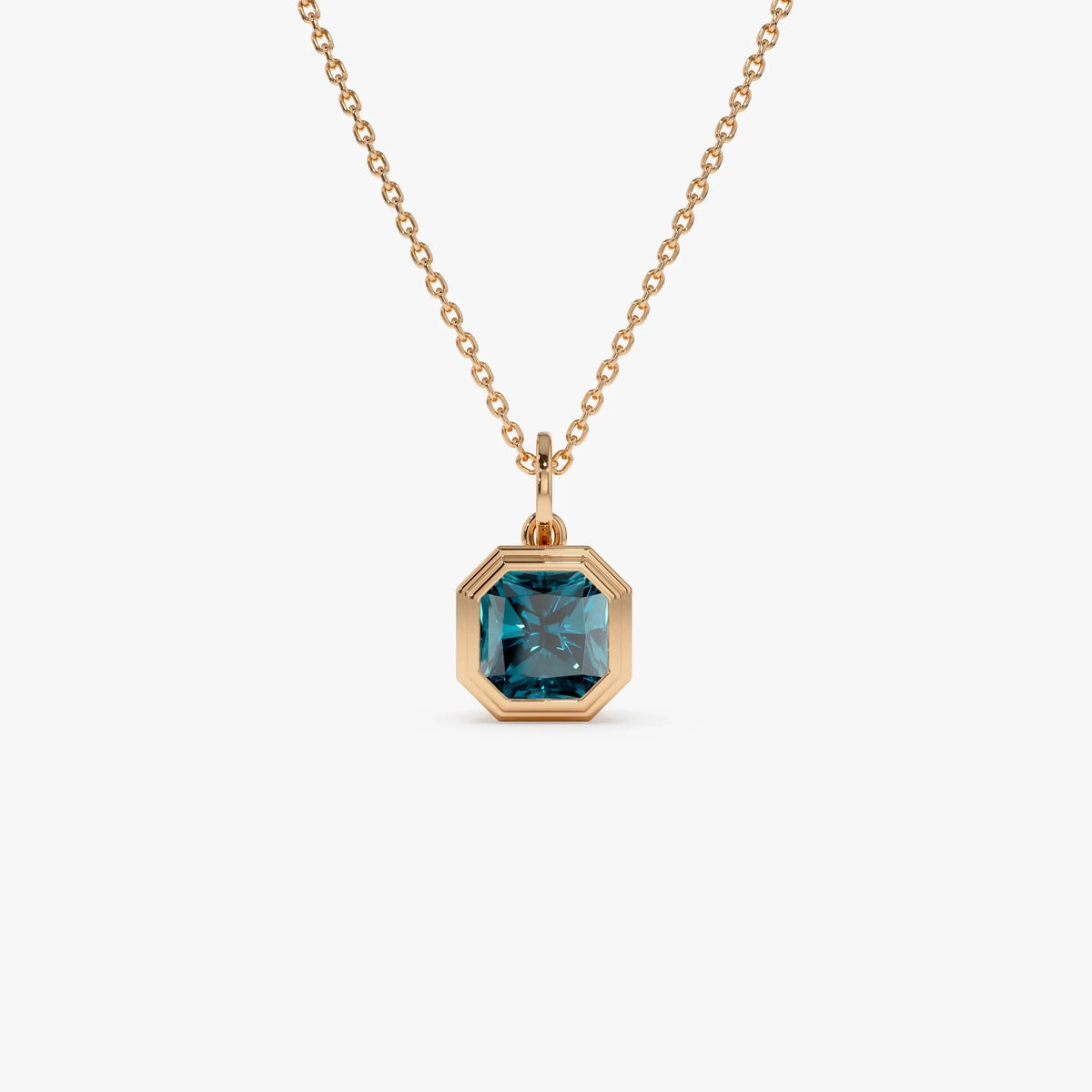 14k Solid Gold London Blue Topaz Asscher Cut Necklace 1.20 Carat Bezel Setting