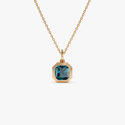 14k Solid Gold London Blue Topaz Asscher Cut Necklace 1.20 Carat Bezel Setting