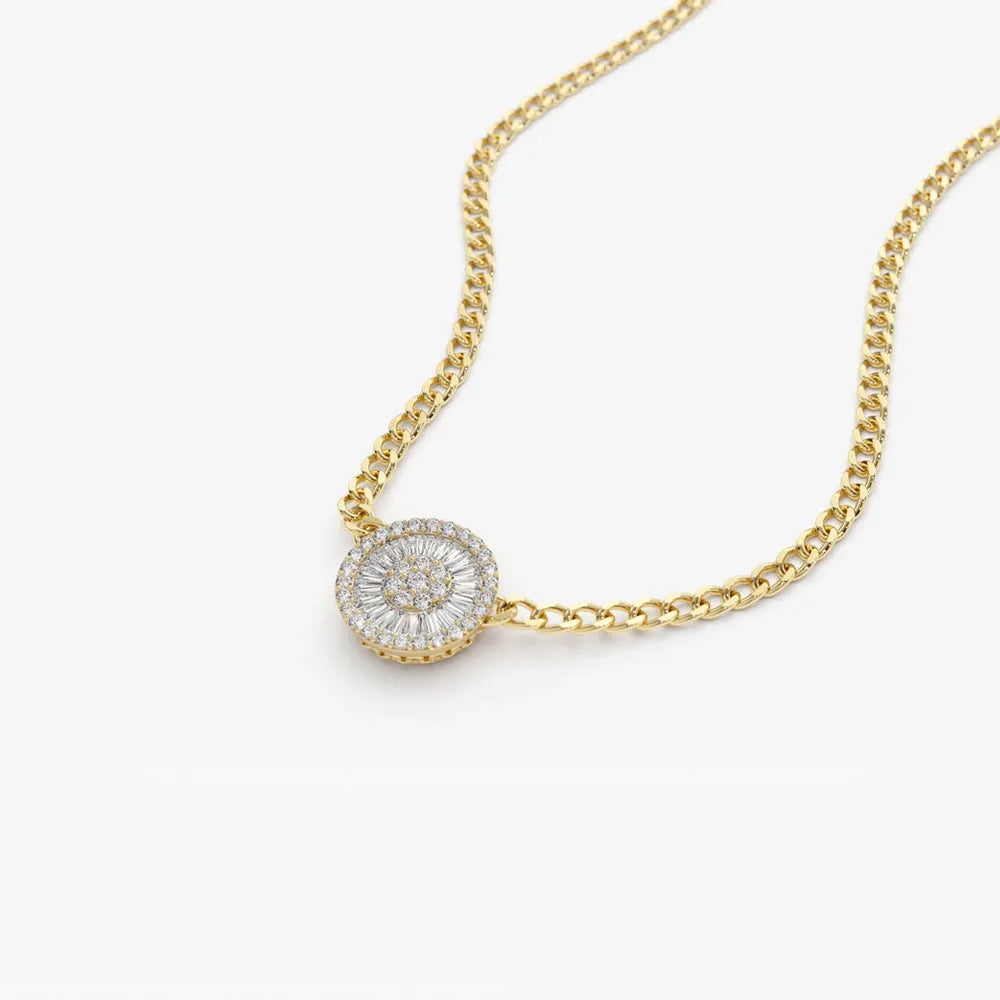 14K Solid Gold Baguette and Round Diamond Curb Link Disc Cluster Necklace 9mm 0.45ctw