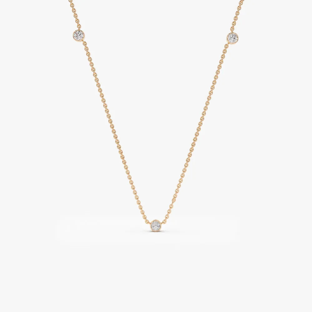 14K Solid Gold Round Diamond 3 Stone Bezel Set By The Yard Necklace 0.19cttw