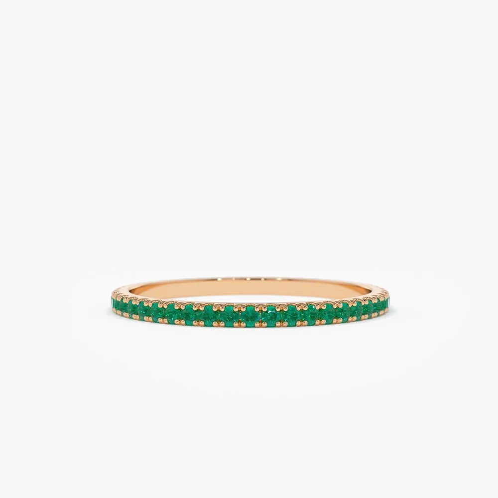 14K Solid Gold Round Emerald Micro Pave Eternity Band Ring 0.30 CTW