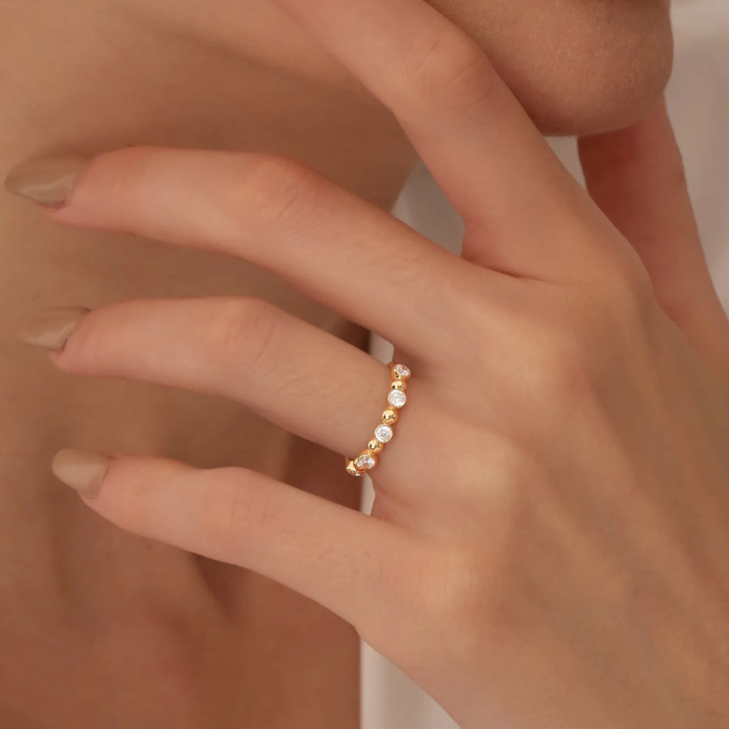 14k Gold Diamond Round Cut Alternating Beads and Bezel Setting Ring 0.50 ctw