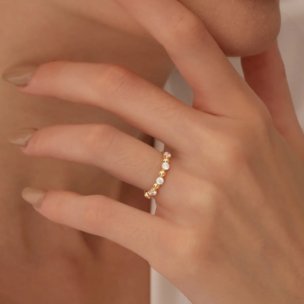 14k Gold Diamond Round Cut Alternating Beads and Bezel Setting Ring 0.50 ctw