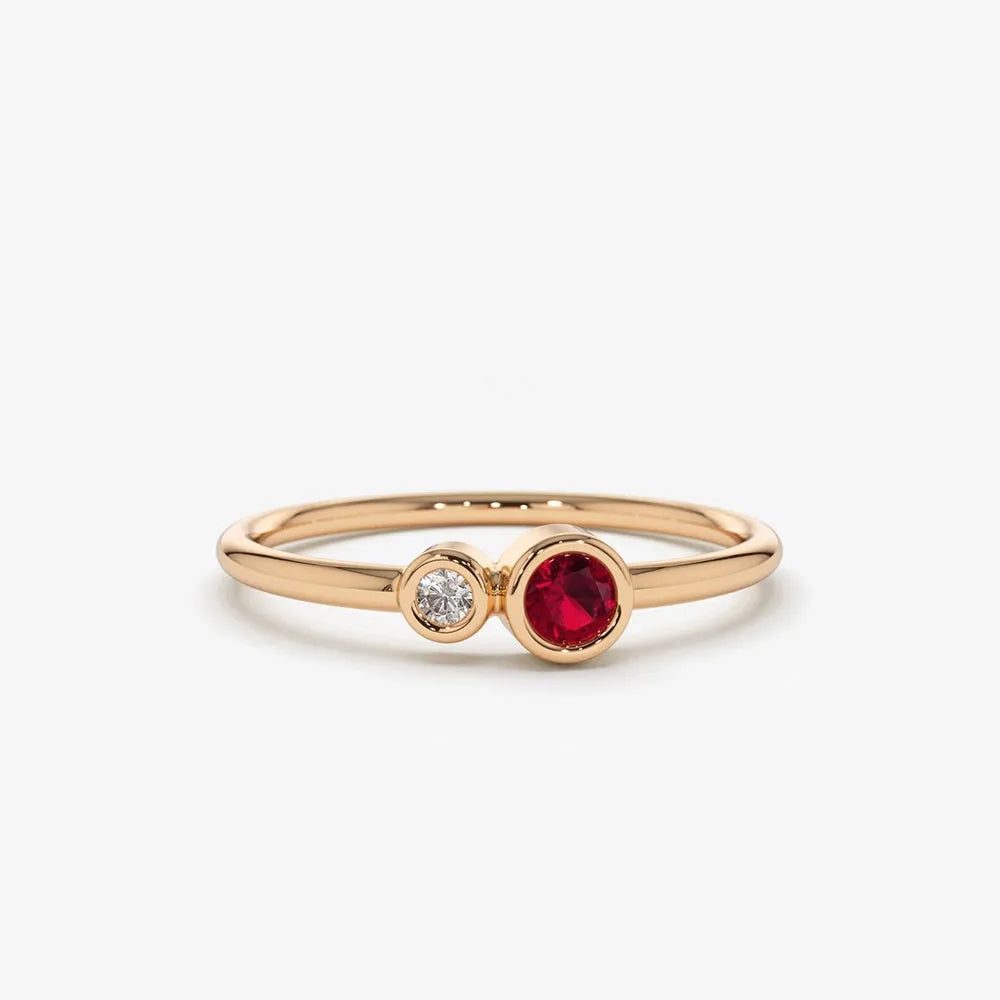 14k Gold Ruby and Diamond Round Cut Ring Bezel Setting Minimalist 0.18 ctw