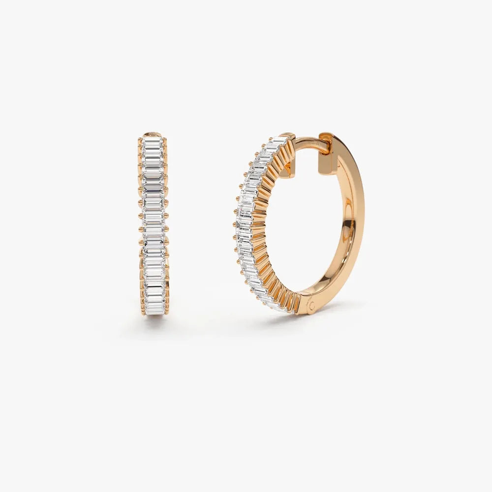 14k Gold Diamond Baguette Cut Hoop Earrings Prong Setting 0.48 ctw