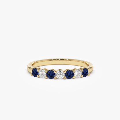 14k Gold Diamond and Sapphire Round Cut 7 Stone Basket Setting Wedding Ring 0.43 ctw
