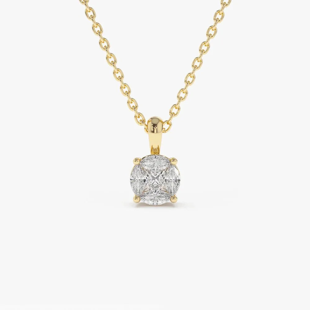 14K Solid Gold Marquise and Princess Cut Diamond Illusion Setting Necklace 0.25ctw