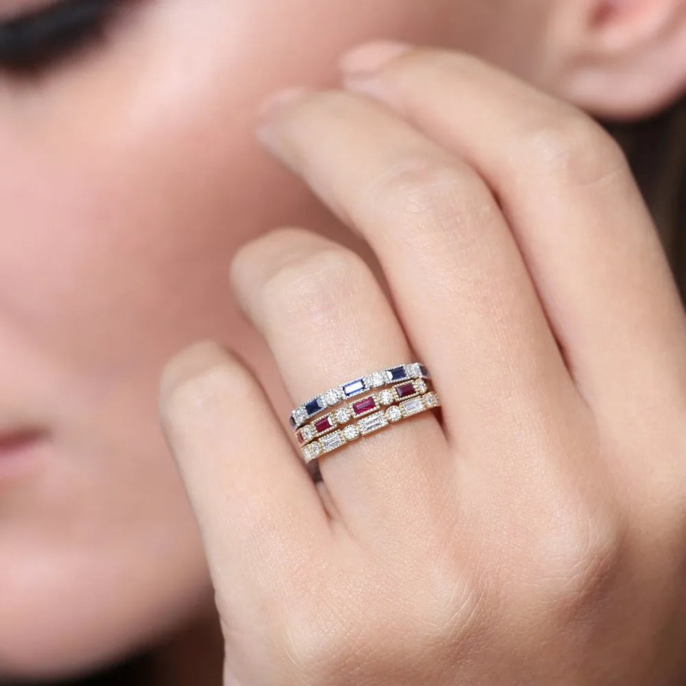 14k Gold Sapphire and Diamond Baguette and Round Cut Bezel Setting Ring 0.52 ctw