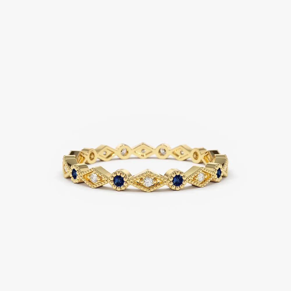 14k Gold Sapphire and Diamond Round Cut Art Deco Geometric Wedding Band Bezel Setting 0.20 ctw