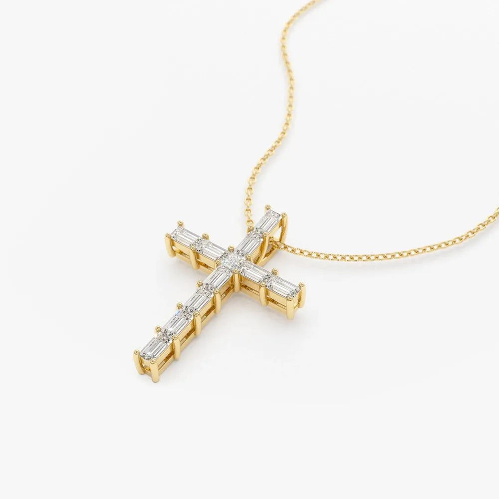 14K Solid Gold Baguette and Princess Cut Diamond Cross Pendant Necklace 0.38ctw
