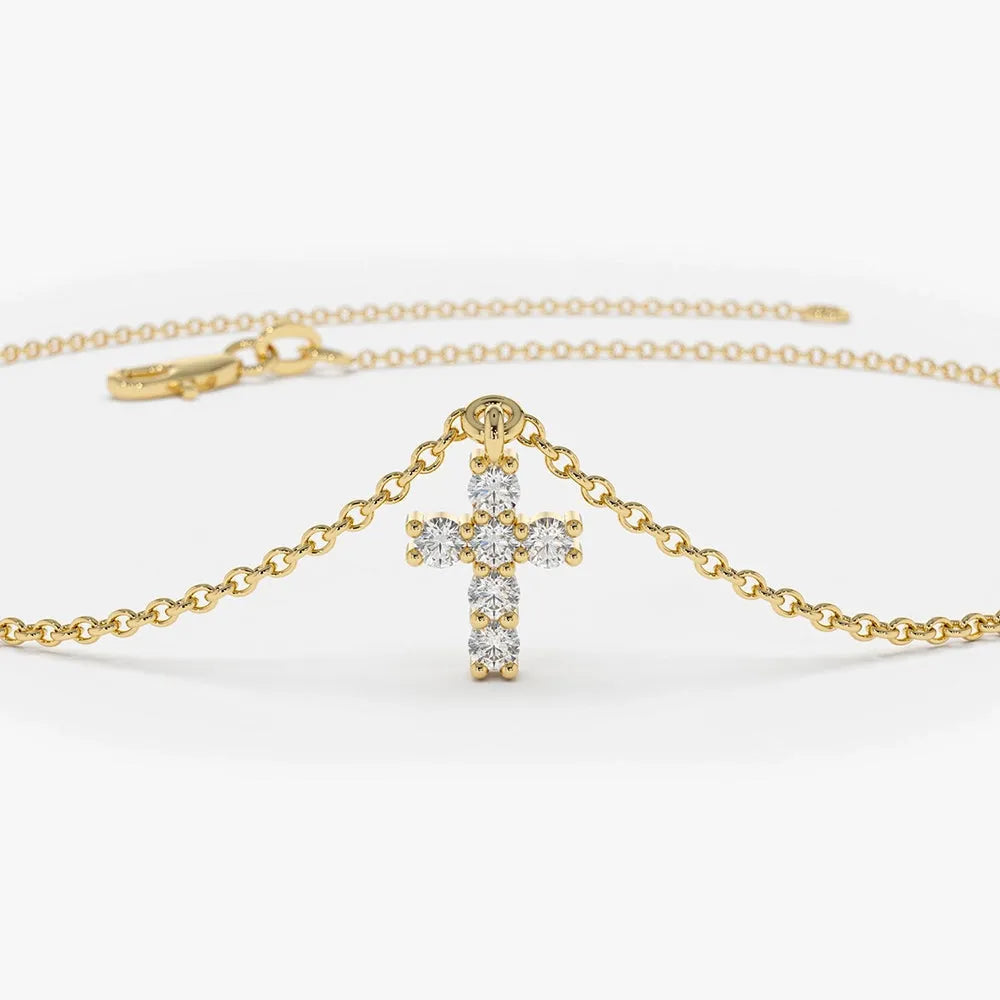 14K Solid Gold Round Diamond Cross Charm Bracelet 0.07 Carat