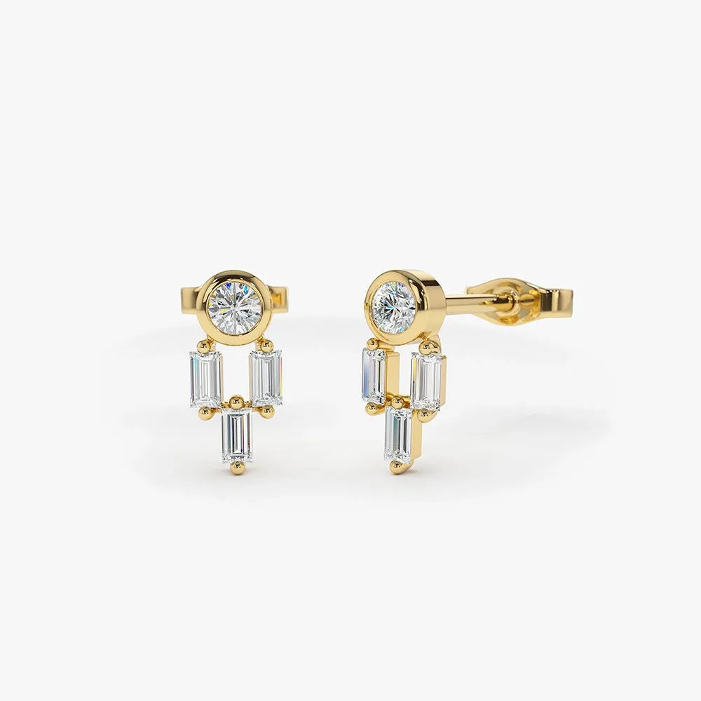 14k Gold Diamond Baguette and Round Cut Earrings 0.32 ctw