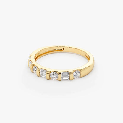 14K Solid Gold Double Baguette and Round Diamond 0.50 Carat Wedding Ring
