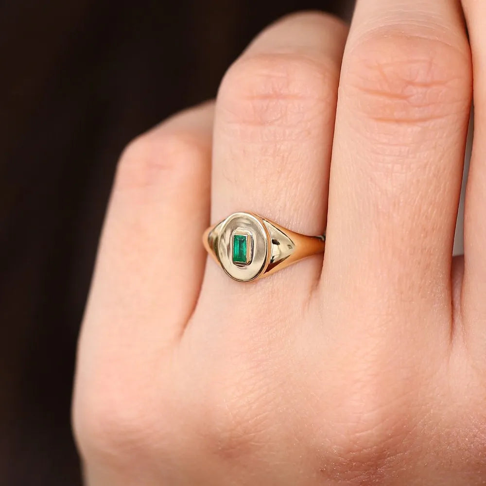 14K Solid Gold Baguette Emerald Bezel Set Signet Ring 0.15 CTW Handcrafted Jewelry
