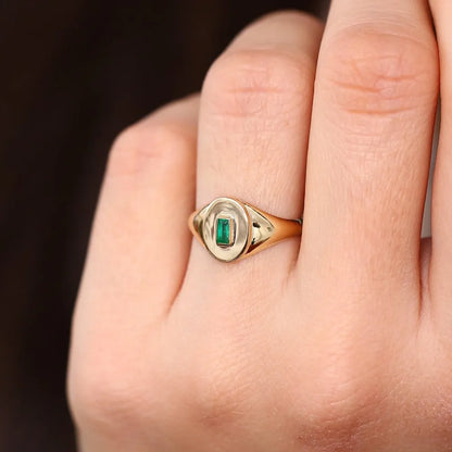 14K Solid Gold Baguette Emerald Bezel Set Signet Ring 0.15 CTW Handcrafted Jewelry