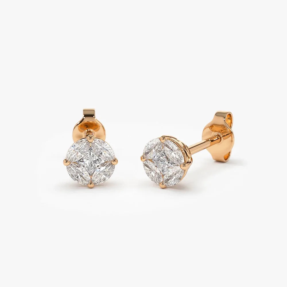 14k Gold Diamond Marquise and Princess Cut 5mm Illusion Setting Stud Earrings 0.45 ctw